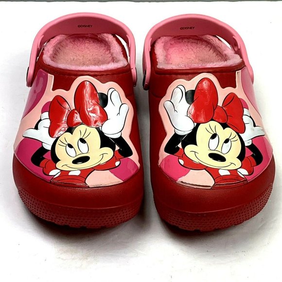 Disney Crocs Minnie Mouse size J3 Red Pink 3 Lined Barely Worn Clog Shoes - Picture 2 of 8